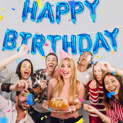 AOOSU Baner z balonami Happy Birthday, girlanda, 40 cm, ciemnoniebieski, foliowy balon helowy, na imprezę, dla dziewcząt, chłopców, dzieci i dorosłych