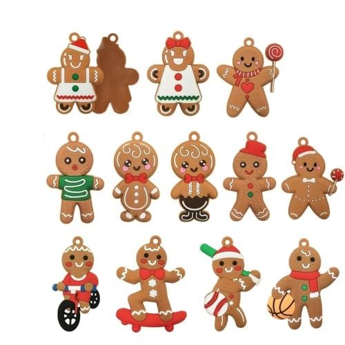 12 peças de enfeites esportivos de gengibre, enfeites de Natal, decoração festiva para pendurar em casa, festa de férias, boneco de neve fofo e estatuetas de Papai Noel com casa de biscoito de açúcar