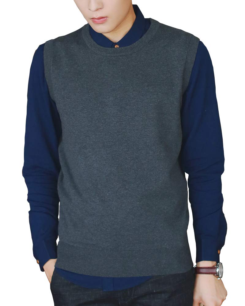 Sleeveless Jumper Mens Round Neck Gilet Vest Knitwear Knitted Waistcoat Sweater Tank Tops Dark Grey L