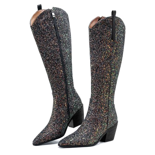 LQFQ Sparkly Cowgirl Boots for Women Side Zipper Tall Wide Calf Western Knee High Cowboy Boots Chunky Heels Glitter Sequin Party Dress Wedding Bridal Country Concerts Shoes