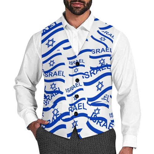 Flag of Israel Funny Men's Formal Suit Vest Casual Business Dress Waistcoat Printed Vest Slim Fit