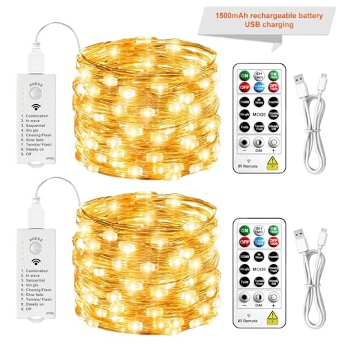 SINAMER Fairy Lights Rechargeable with Remote & DIY Timer 2 Pack 33FT/10M 100LED Battery Operated String Lights Indoor Twinkle Silver Wire Lights for Bedroom Christmas Wedding Tree Decor Warm White