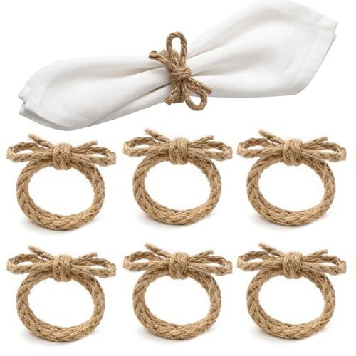 Zlokdraxy Rond de Serviette de Table en Jute Naturel, 6 Pièces Noeud Rond de Serviette Fait Main pour Décoration Rustique de Table, Mariage, Fête