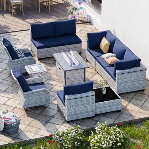 Image of Outdoor PE Wicker Rattan Modular Patio Sectional Sofa Set | 11-Piece: 6 Modular Seats, Coffee Table, 2 Swivel Rocking Chairs, Side Table & 55,000 BTU Fire Pit Table, Navy Blue