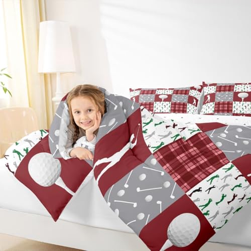 Image of Feelyou Golf Comforter Set King Size Red Plaid Buffalo Check Geometric Bedding Set for Kids Boys Girls Sports Theme Duvet Quilt Bedroom Decor Microfiber 3 Pcs with 2 Pillow Cases