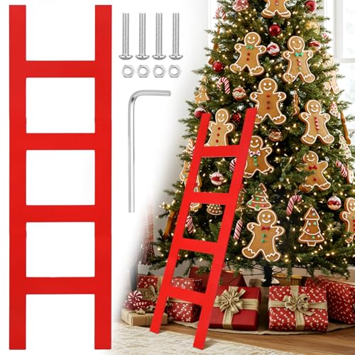 Jenaai 39 Inches Christmas Red Wooden Ladder Christmas Tree Decoration Santa Climb Ladder Assemble and Disassemble Rustic Decorative for Xmas Tree Wall Ornament Holiday Festival Party Decoration