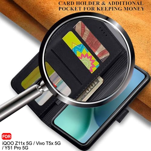 Image of TheGiftKart Flip Back Cover Case for iQOO Z11x 5G / Vivo T5x 5G / Vivo Y51 Pro 5G | Genuine Leather Finish | Designer Button | Inbuilt Pockets & Stand | Flip Back Case Cover (Faux Leather, Black)