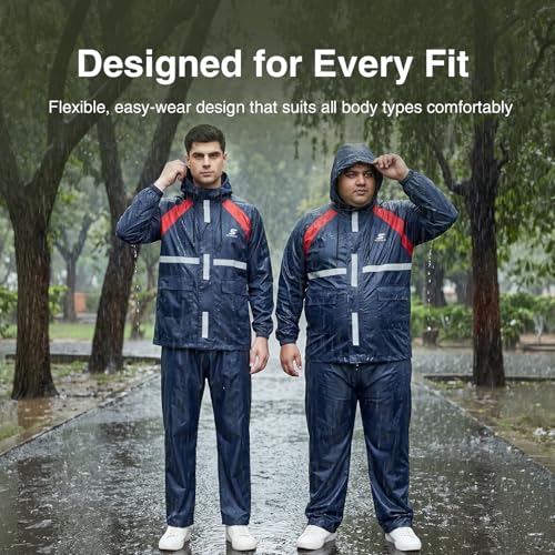 Image of Amazon Brand - Symactive Men Polyester Raincoat | Jacket with Pants | Hooded | Water Resistant | with Storage Bag | Blue | Medium