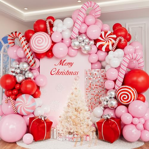 150PCS Christmas Balloon Arch Kit, Pink Red White Silver Balloons