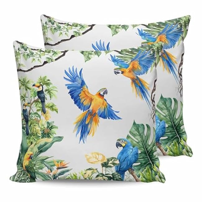 Waterproof Pillow Covers Pack of 2, Parrot Toucan Tropical Plant Outdoor Pillow Protectors with Zipper Pillowcases for Patio Tent Garden Beach, Green Banana Leaf Animals Square, 18X18