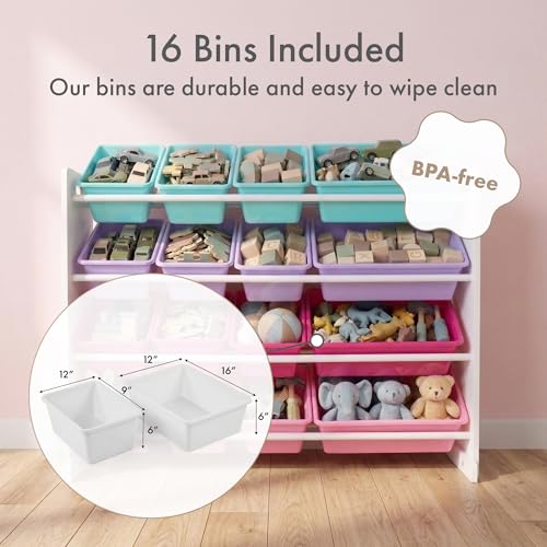 Image of Humble Crew Toy Storage Organizer with 16 Removable Storage Bins for Kids Playroom, 4-Tier Toddler Toy Organization, White /Blue /Pink /Purple