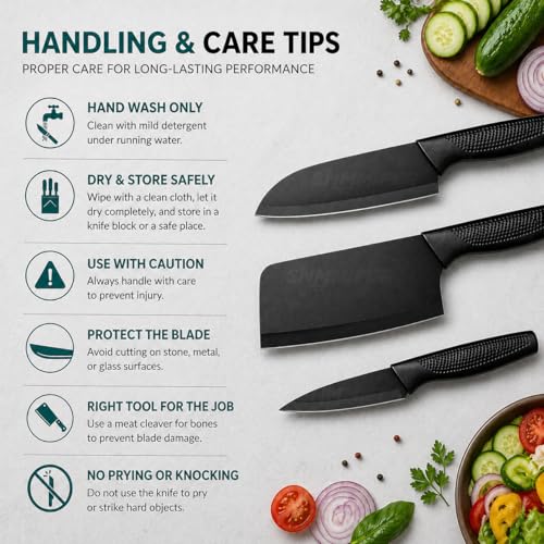 Image of SNMMIFER Kitchen Knife Set, 3 Piece, High Carbon Stainless Steel, Non-Slip PP Handle, Black, for Cooking, Cutting and Slicing (Black)