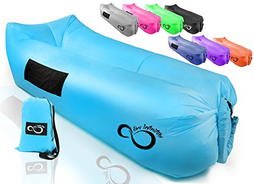 Live Infinitely Inflatable Air Lounger Chair Features Headrest, 2 Pockets, 700 Gauge Inner Liner, 420D Ripstop Exterior & Travel Bag Use On Beach Or In The Pool 9’ Long & Holds 500 (Bright Blue)