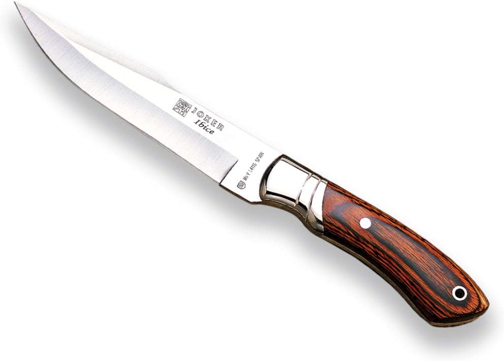 JokerHunting Knife Ibice CR03, Stainless Steel Ferrule, Handle of Pressed red Wood Stamina, MOVA Blade 5.90 inches, Brown Leather Sheath, Fishing Tool, Hunting, Camping and Hiking.