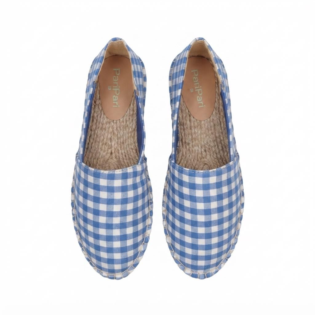 Handmade Espadrilles for Women, Blue Gingham Check Cotton Slip-On Casual Shoes with Slight Heel and Jute Insole, Lightweight Comfortable Flats-image-7