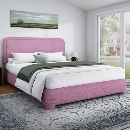 Image of BarnFurin Queen Bed Frame, Cloud Boucle Headboard, Low Profile, Rose Pink | Soft boucle and rounded edges create a low-profile cloud look. Wooden slats support the mattress without a box spring