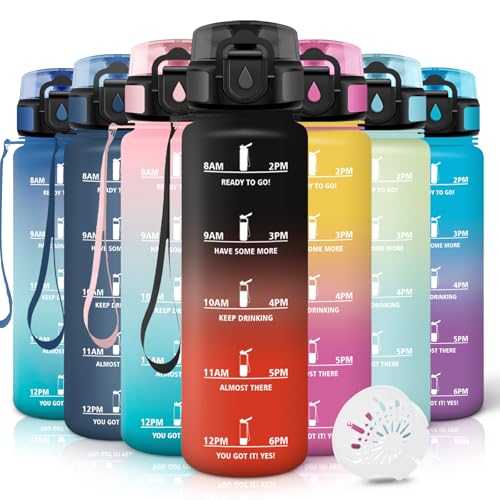 Motswedi Trinkflasche Sport, 1000ml Auslaufsicher, Trinkflasche Kohlensäure Geeignet, Mit Zeitstempel, Wasserflasche, Leichte, Flasche, Sportflasche, für Yoga, Fahrrad, Reisen, Schwarz&Rot