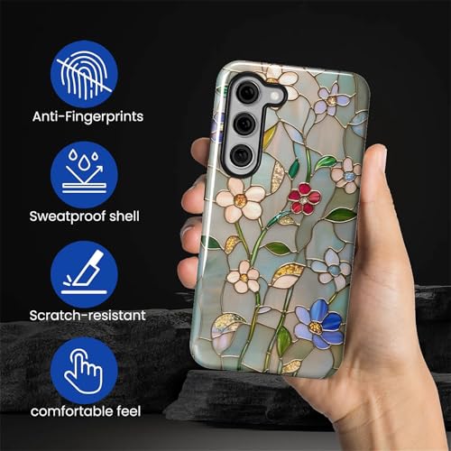Wqwaxxc Compatible with Samsung Galaxy S23 Case,Glossy 2-in-1 Sleek All-Inclusive Dual-Layer Material Soft TPU + PC Back for Spring Floral Flower Stained Glass Mosaic Boho Botanical - image 6