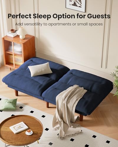 Image of Amada 66 inch Convertible Futon Sofa Bed, Corduroy Folding Futon Set with Adjustable Backrest &Armrests, Recliner Lounge for Living Room, Apartment or Office, Solid Wood Frame, Loveseat Sofa - Blue