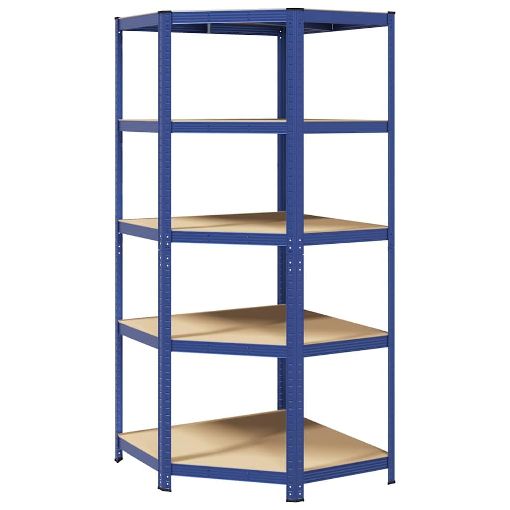 Scaffale angolare con 5 ripiani blu in acciaio e legno per garage