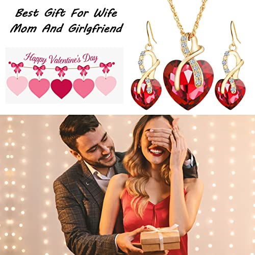 Funojoy Red Jewelry Sets For Women Valentine's Day Gifts Heart Shaped Crystal Necklace Earrings Set For Women/Wife/Mom/Wife/Daughter/Girlfriend (Red) #TOP3