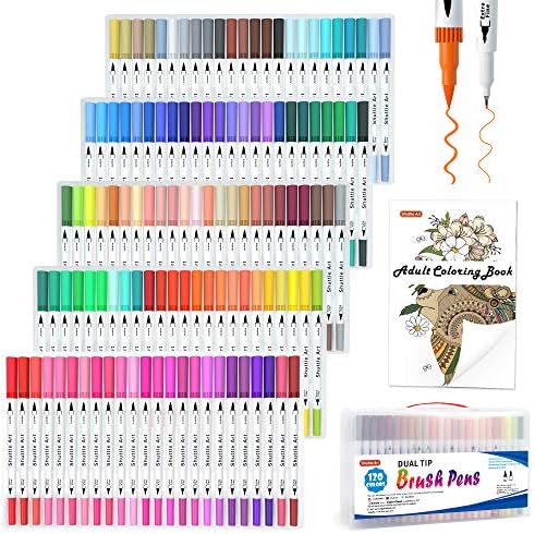Shuttle Art 120 Colors Dual Tip Brush Art Marker Pens with 1 Coloring Book, Fineliner and Brush Dual Tip Markers Set Perfect for Kids Adult Artist Calligraphy Hand Lettering Journal Doodling Writing.