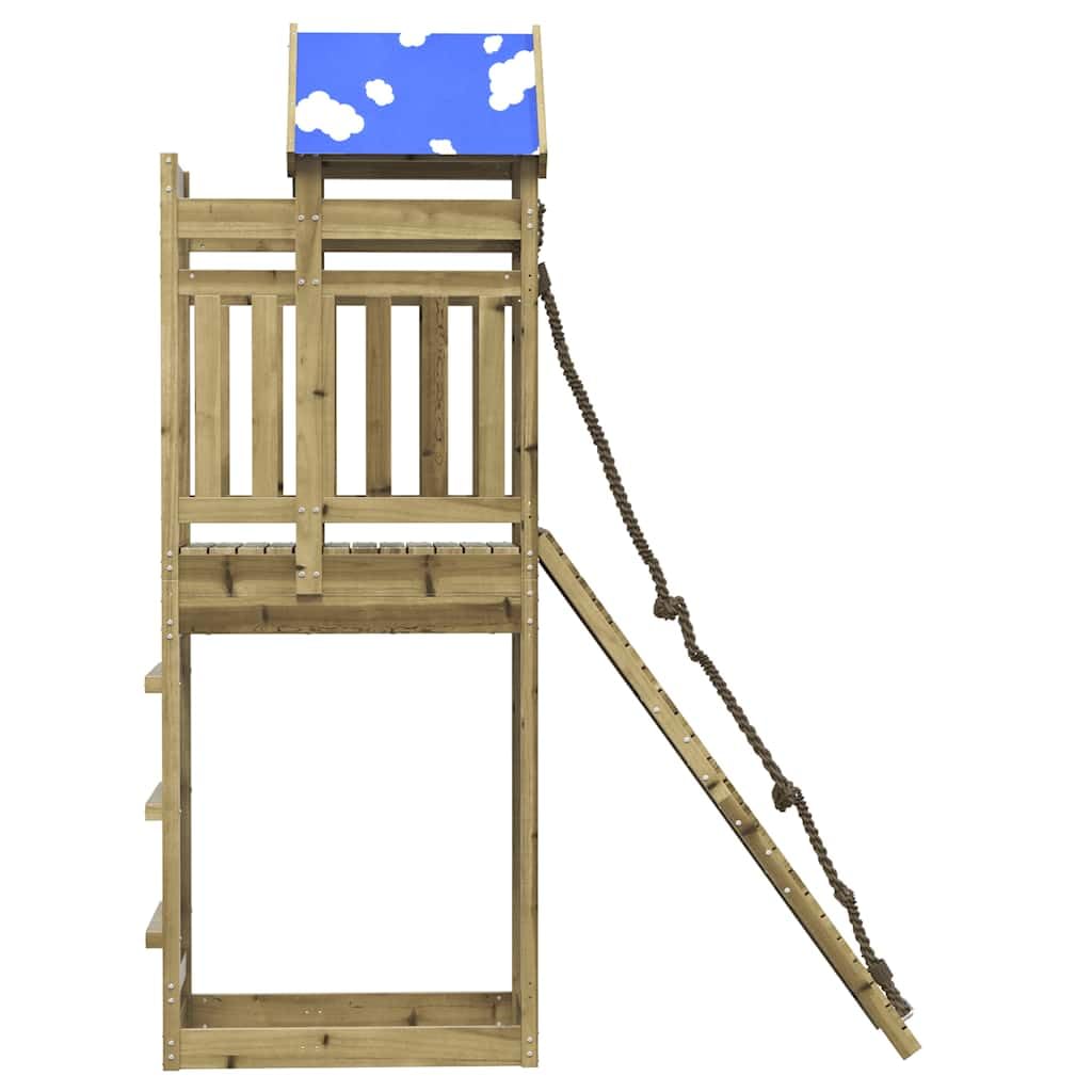 Wieża do zabawy z impregnowanego drewna sosnowego ze ścianką wspinaczkową, liną, piaskownicą i podestem, do ogrodu, na taras i podwórko, platforma 118 cm, dla dzieci w wieku od 3 do 8 lat