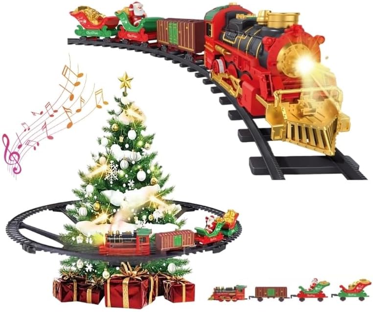 Juego de tren de Navidad colgante, tren de juguete bajo el árbol con niebla, melodías y luces, 2 modos, juguetes de Navidad regalo con Papá Noel,