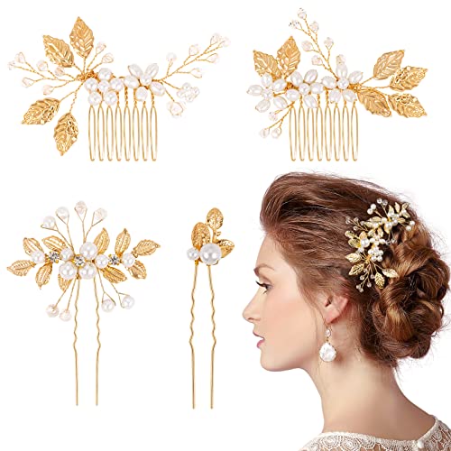 4 Pièces Accessoires Cheveux Mariage,Peigne et Pinces à Cheveux Perle de Mariée de U Bijoux en Pétale Cristal Pour Femmes Et Filles（Doré）