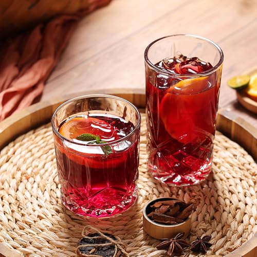 Moretoes Drinking Glasses Set of 12, Crystal Glass Cups, Mixed Glassware Set, 12 Oz Highball Glasses & 11 Oz Old Fashioned Glasses, Great for Cocktail, Whisky and Other Beverages