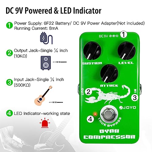 Image of JOYO Dynamic Compressor Guitar Pedal, Transparent Tone with Low Noise, Sustain & Attack Control for Electric Guitar & Bass, True Bypass (JF-10)