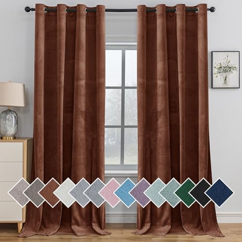 Ystyle Sammetsgardiner om 2 Set, 117 X 137 cm, Gardiner Vardagsrum, Mörkläggningsgardiner, Termiska Gardiner Sammet, Värmeisolerande Gardiner, Gardin Med Öljetter för Vardagsrum Sovrum, Brun