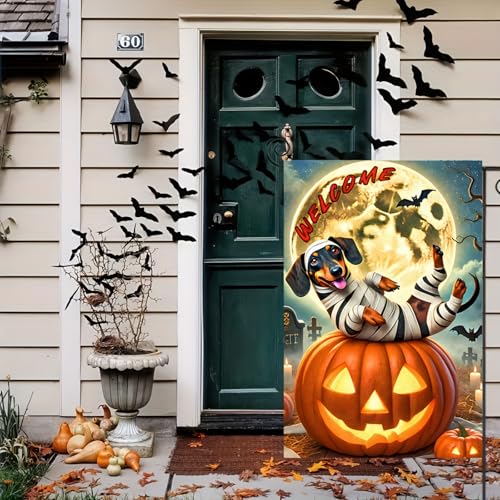 Image of Happy Halloween Garden Flags 12x18 Inch Vertical Double Sided Skeleton Dachshund Dog Garden Flag Small Yard Pumpkin Flag for Outdoor Decor Outside Decoration Banner