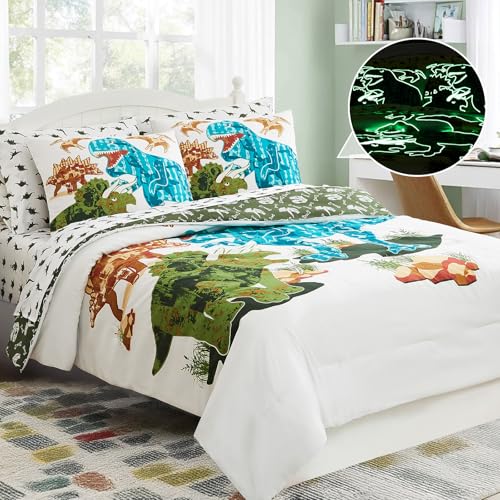 Twin Comforter Set for Boys-5 Pieces Dinosaur Glow in The Dark Twin Bedding Sets for Kids, Ultra Soft Bed in A Bag with Sheets
