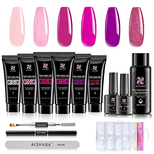 Aishaba 6 Colors Poly Nail Gel Kit Poly Extension Gel Nail Kit Red Glitter Poly Nail Gel Pink Purple Red Poly Nail Gel Nail Builder with Base Top Coat Slip Solution Nail Art for French Manicure