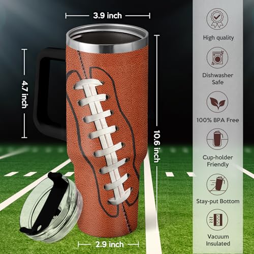 Image of Football Tumbler with Handle 40oz Insulated Stainless Steel Cup with Lid & Straw, Travel Cup, Gifts for Men, Boys, Players, Coaches, Sports Lovers, Christmas, Birthday