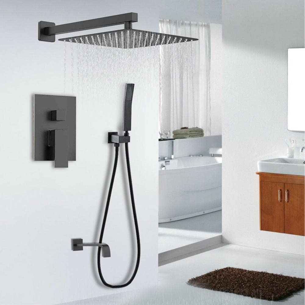Huin Juego de ducha de lluvia juego de grifo mezclador negro de 12 pulgadas llenador y válvula de bañera