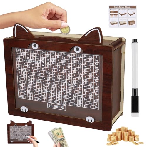 Hucha 10000 Euros, Caja Ahorro Madera En Forma De Gato, Hucha con Contador Reutilizable, Caja De Ahorro 10.000 Euros para Ayudar a Los Adultos Y Los Niños a Desarrollar Hábitos De Ahorro