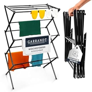 Garrandt Séchoir à Linge Pliable, Robuste, Peu encombrant, 6 Niveaux avec 11 Barres, Pliable et Extensible, Petit, Balcon en Noir (Noir)
