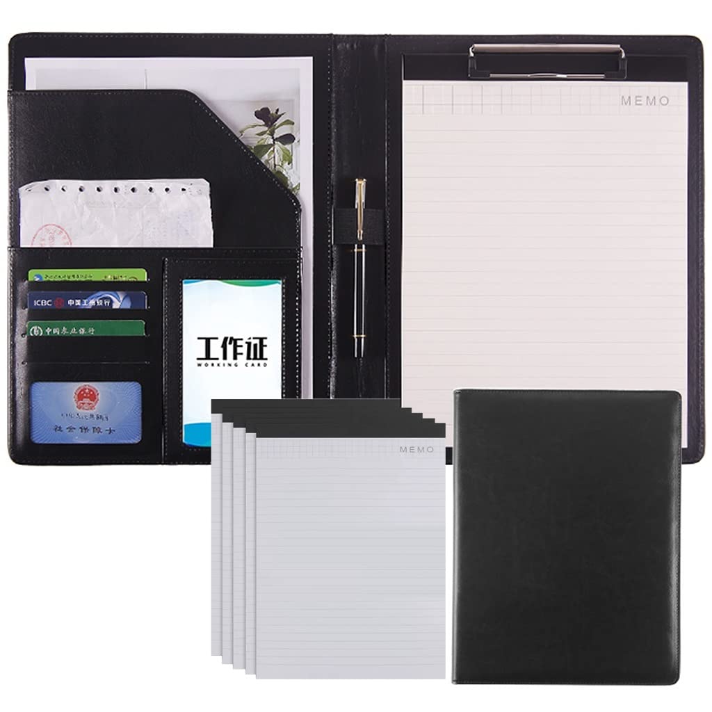 Teczka konferencyjna Organizer na dokumenty， Teczka A4 z schowkiem i miejscem do przechowywania, teczka do pisania ze sztucznej skóry z schowkiem konferencyjnym(Svart,No calculatorMemo pad*5)