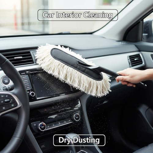 Image of Signamio Car Duster Microfiber Brush Car Cleaning Accessories Compact Soft Non Scratch Fibers for Interior and Exterior Dusting Detailing and Quick Touch Ups - White