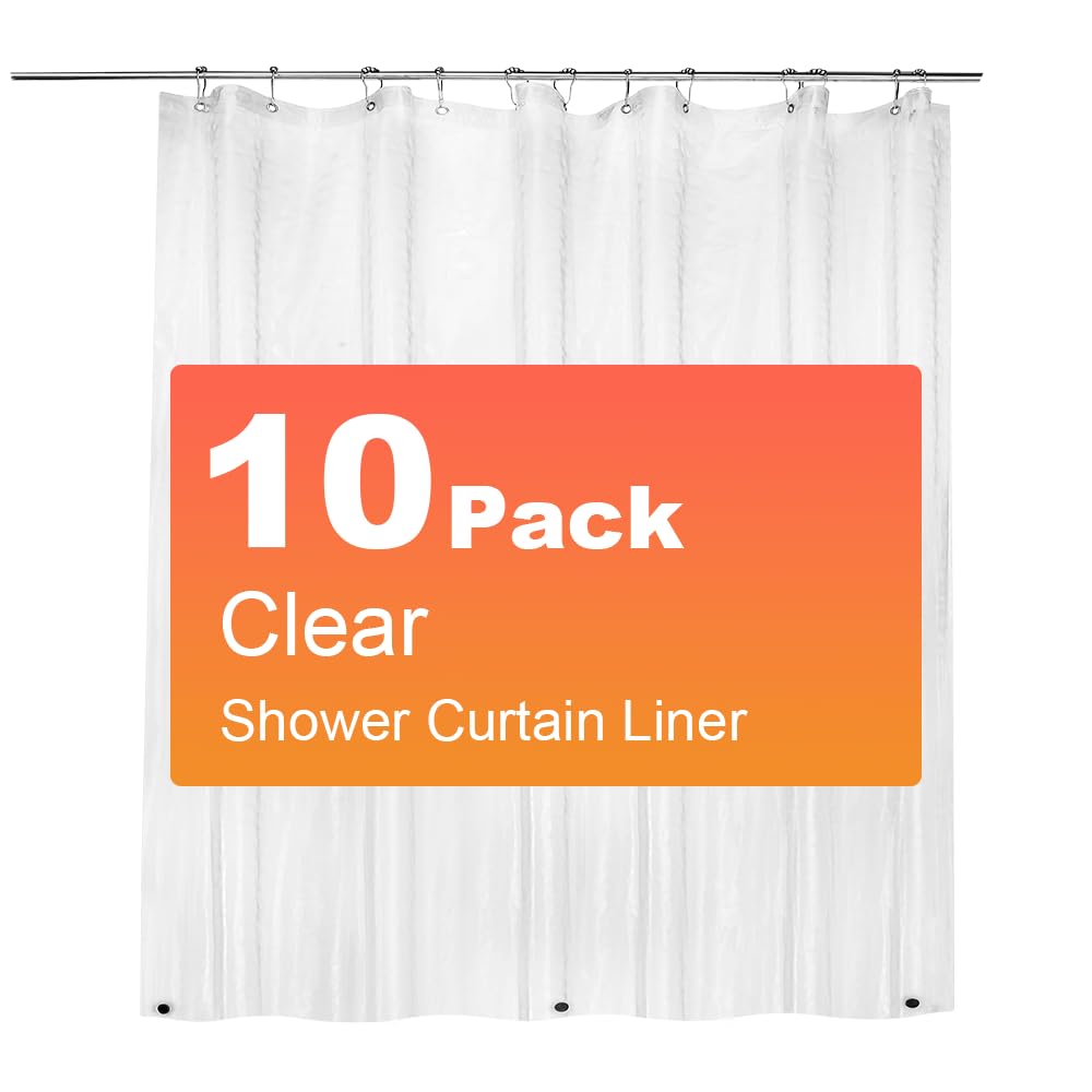 Paquete de 10 cortinas de ducha de plástico PEVA de alta calidad, peso ligero de 72 x 72 pulgadas, forro transparente para sala de exposición de baño, ducha con ranuras de metal inoxidables
