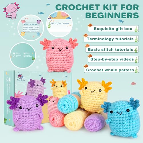 Image of Crochetta Crochet Kit for Beginners, Crochet Starter Kit w Step-by-Step Video Tutorials, Beginner Crochet Kit for Adults Kids Women Men Complete Kit Included (4 Mini Axolotls)
