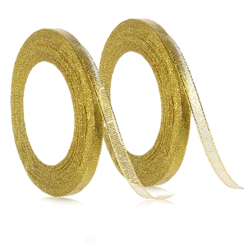2PCS Gold Ribbon 48 Yards Gold Ribbon for Gift Wrapping Glitter Wedding Bouquet Crafts Double Faced Satin Fabric Ribbons Thin for Christmas Birthday Party Decoration DIY Crafts Bouquet