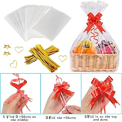 ACEHOME 20Pcs Cellophane Basket Bags, 14X20in Clear Hamper Wrap Bag with Pull Bow Blank Hangtag & Twist Ties, Large Present Bags Set for Gift Packaging Arts Crafts Toys Fruit Christmas Making