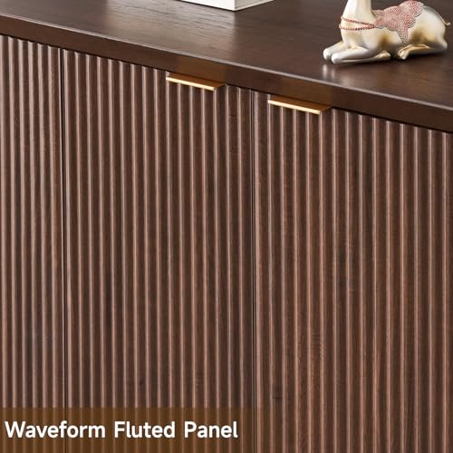 ONBRILL Fluted Sideboard Buffet Cabinet with Storage, Wooden Modern Fluted Sideboard with 4 Doors and 5 Adjustable Shelves, Coffee Bar Table for Dining Room, Hallway, Kitchen (Dark Walnut) - Image 5
