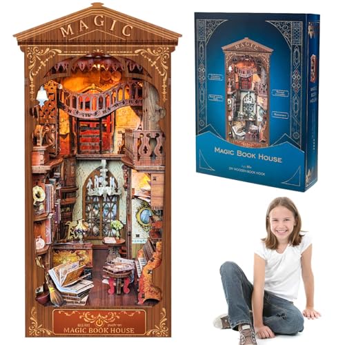 Freyeeti Book Nook - Kit De Casa De MuñEcas En Miniatura, Esquina, Casa De MuñEcas con Luz Led, Rompecabezas 3D De Booknook, Sujetalibros De Madera, Kit De ConstruccióN para Adultos