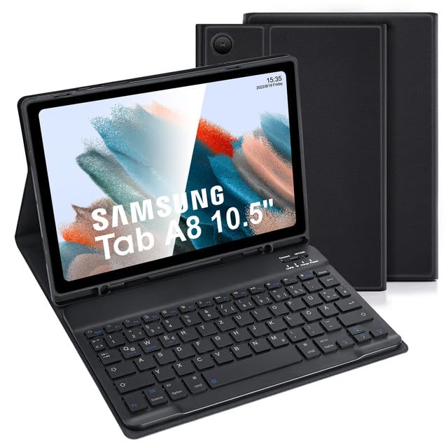 LAMA Samsung Galaxy Tab A8 Hülle mit Tastatur, Kabellose Tastatur Hülle für Tab A8 10,5“ 2021(SM-X200/X205/X207), Bluetooth Tastatur Hülle Schützhülle mit Stifthalter -Deutsches QWERTZ Layout, Schwarz