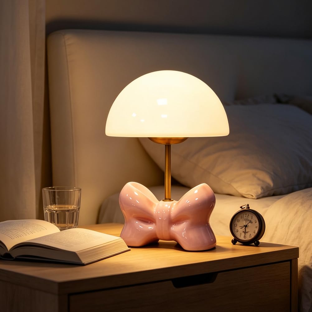 OOWOKS Tischlampe Rosa Pilz mit Kabel LED Nachtlampe 3 Farbtemperaturen mit Glas-Lampenschirm Kinder Tischleuchte Schleife Design Schlafzimmerlampe Deko Nachttischlampe für Kinderzimmer Wohnzimmer