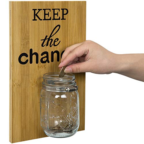 Mygift Modern Wall Mounted Natural Bamboo Sign With Mason Jar And Black Keep The Change Text, Decorative Hanging Novelty Coin Bank Money Saver Décor #TOP15